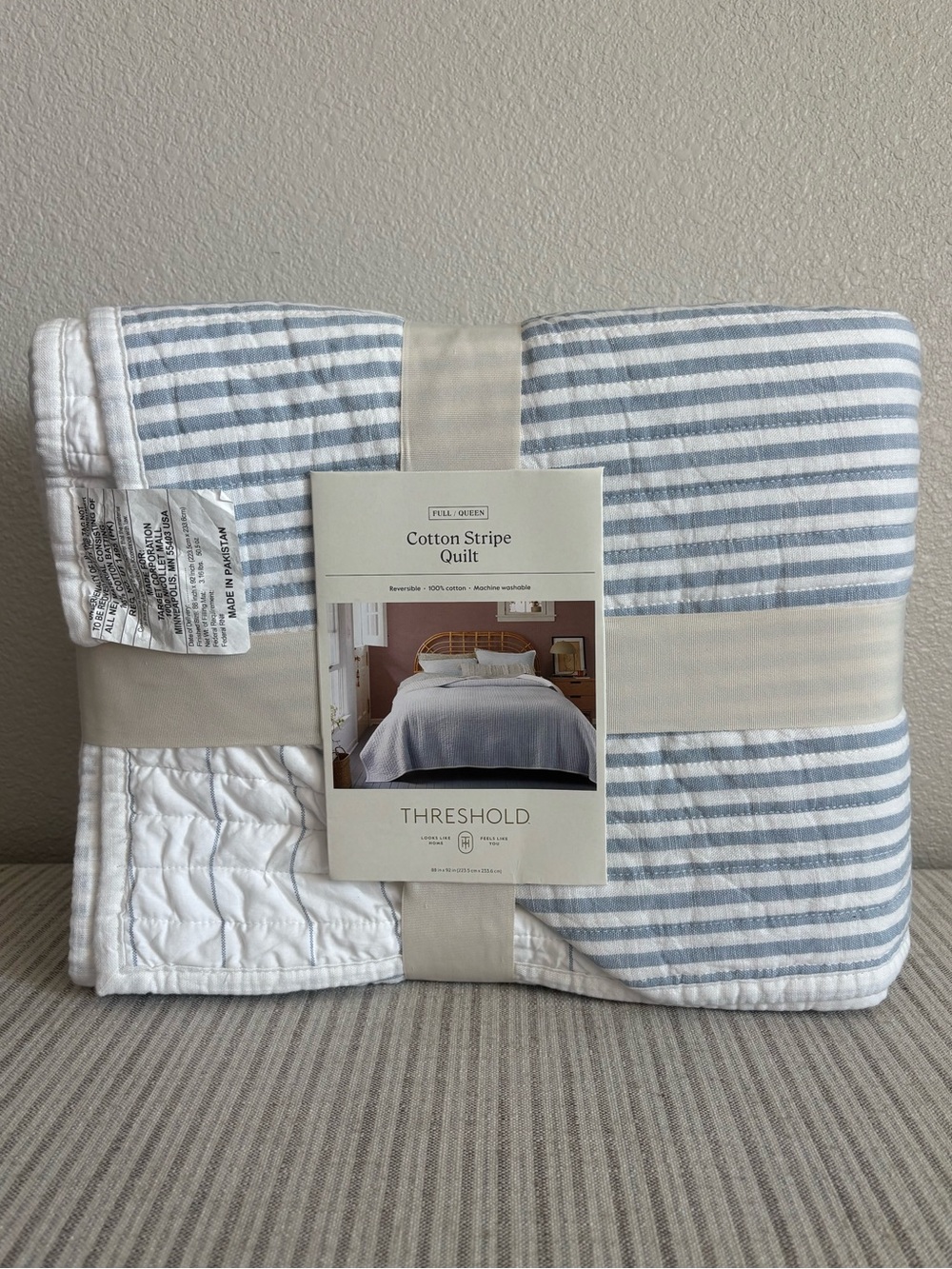 NWT Full/Queen Reversible Cotton Stripe Quilt Light Blue - Threshold
